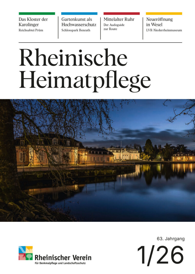 Das Titelbild der Rheinischen Heimatpflege 01/26- Neben Text sieht man Schloss Benrath bei Nach.